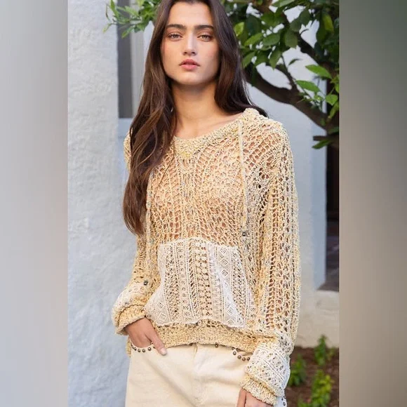 POL Yellow Powder Banana Crochet Knit Hoodie Sweater - Picture 3 of 7